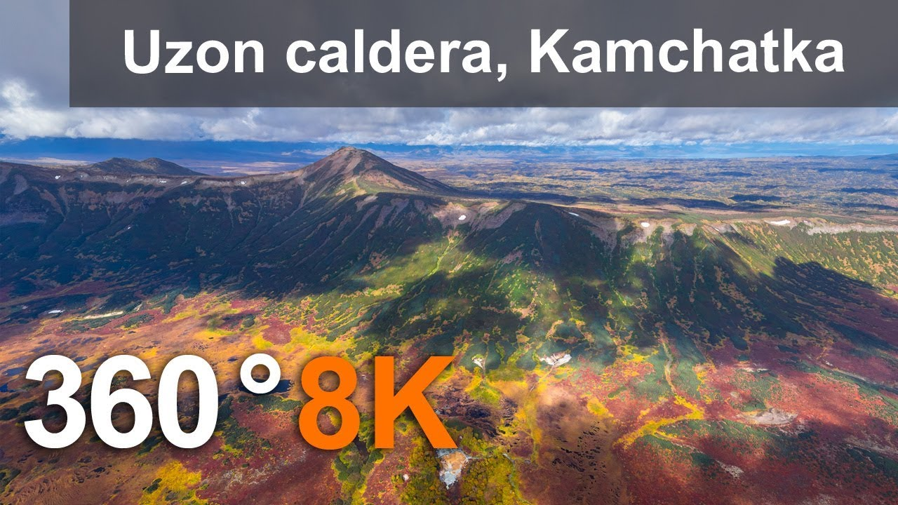 360 video. 俄罗斯堪察加半岛乌松火山口 Uzon volcanic caldera, Kamchatka, Russia. 8K aerial video 1.00 ...
